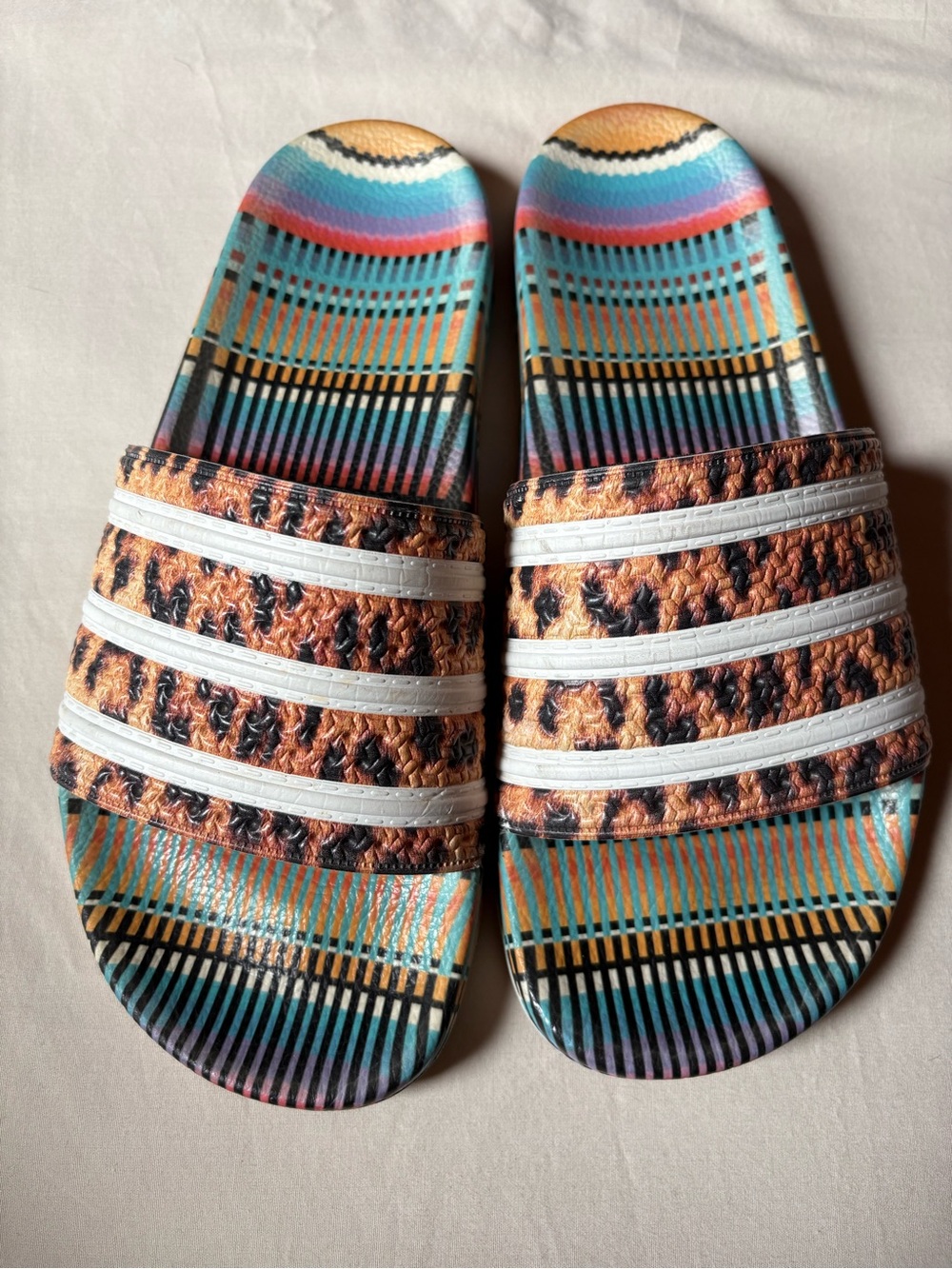 adidas Multicolor Patterned Slides with Tan Woven Strap and White Stripes